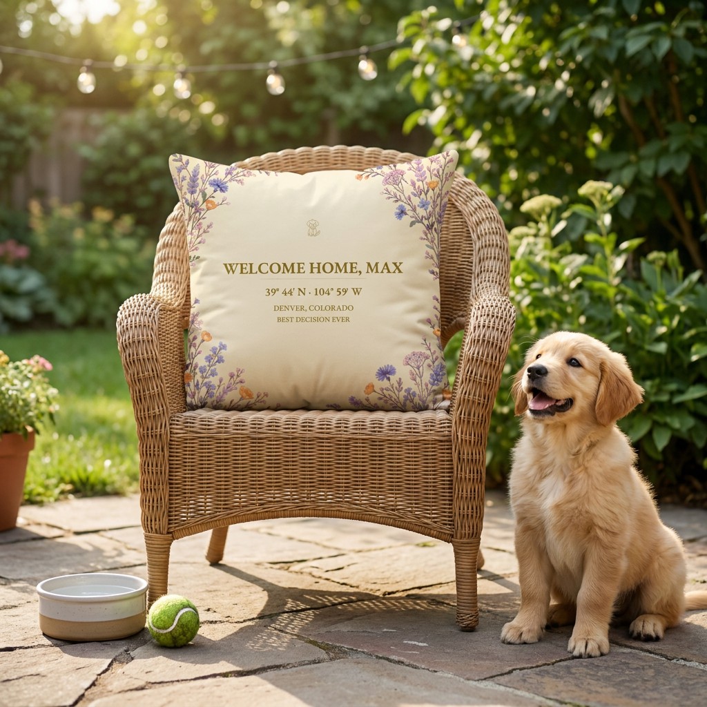 Welcome Home Max coordinate pillow with a golden retriever puppy on a sunny patio