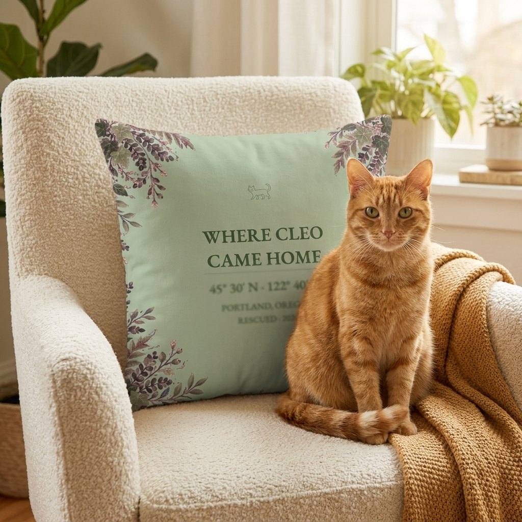 Where Cleo Came Home pillow beside a proud orange tabby cat in a reading chair