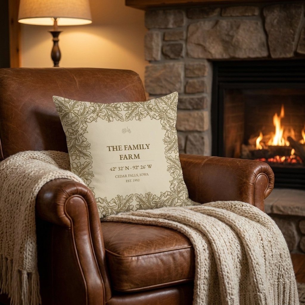 The Family Farm heirloom pillow in a leather armchair beside a stone fireplace