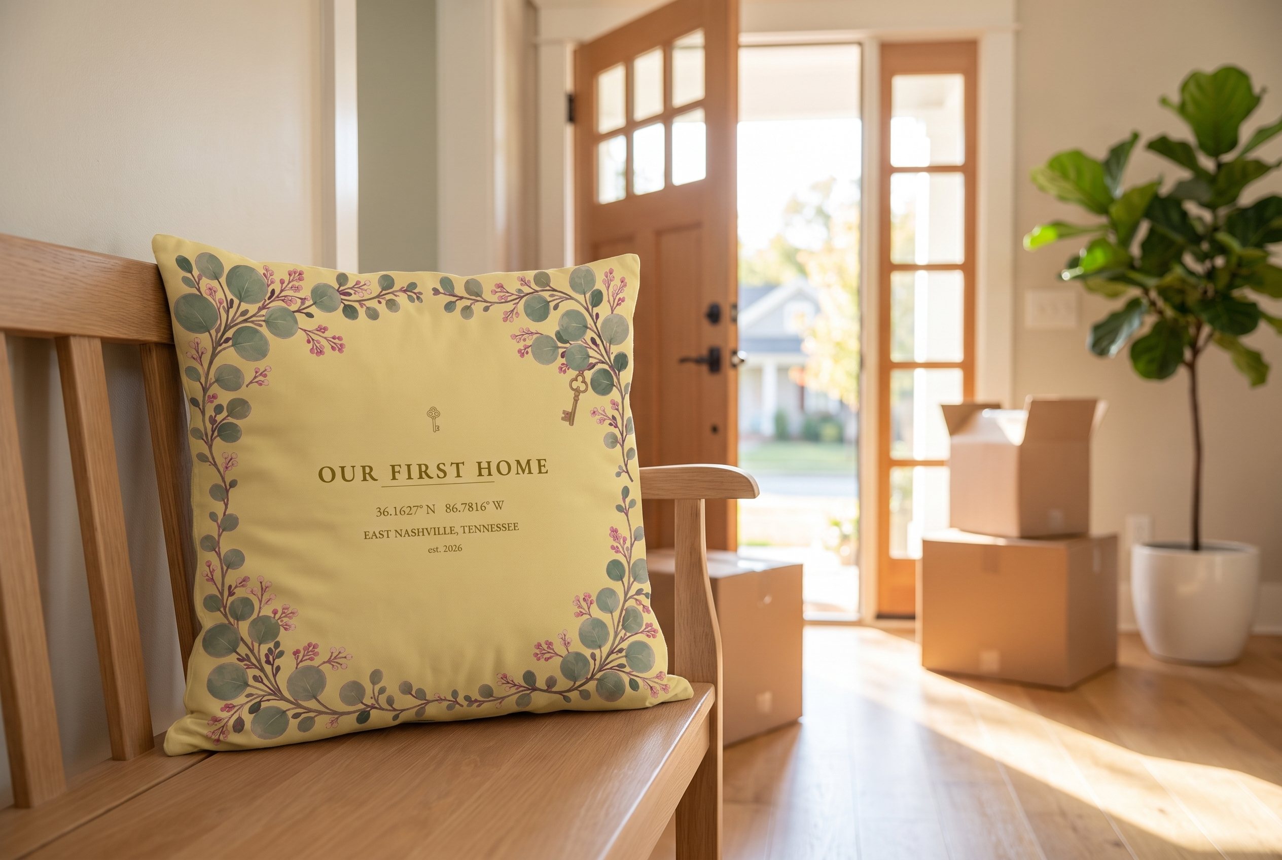 Our First Home pillow beside moving boxes