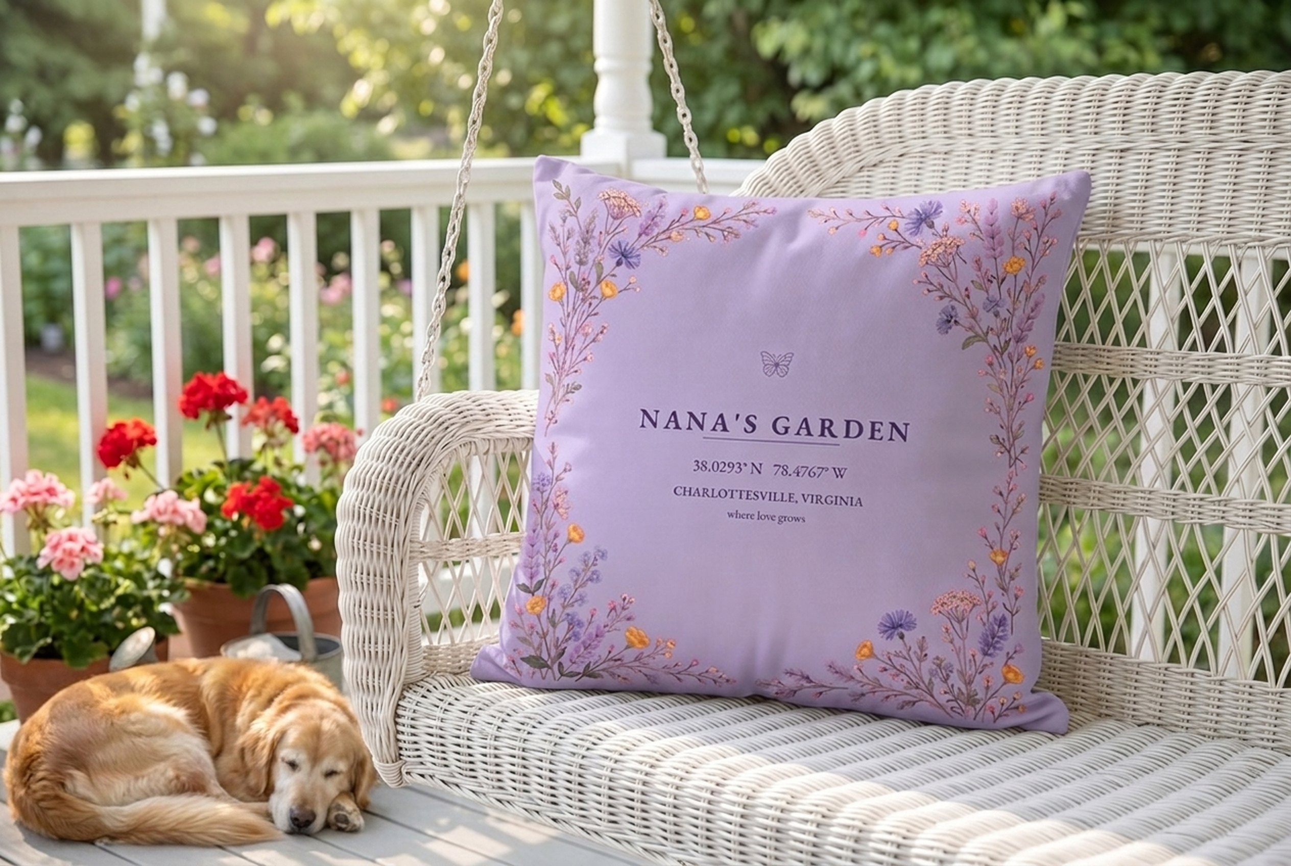 Nana's Garden pillow with a sleeping golden retriever