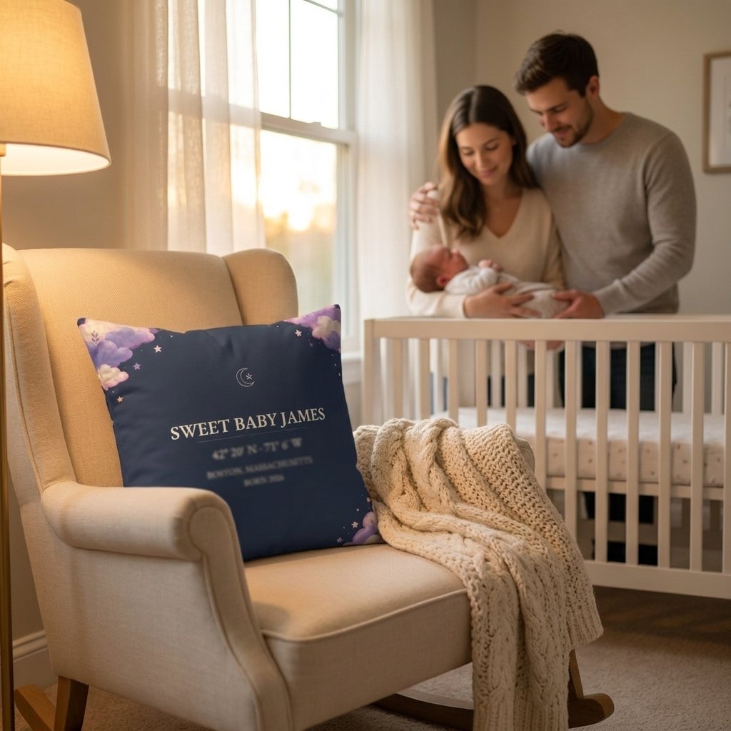 Sweet Baby James lullaby pillow on a nursery rocking chair, parents holding their newborn behind