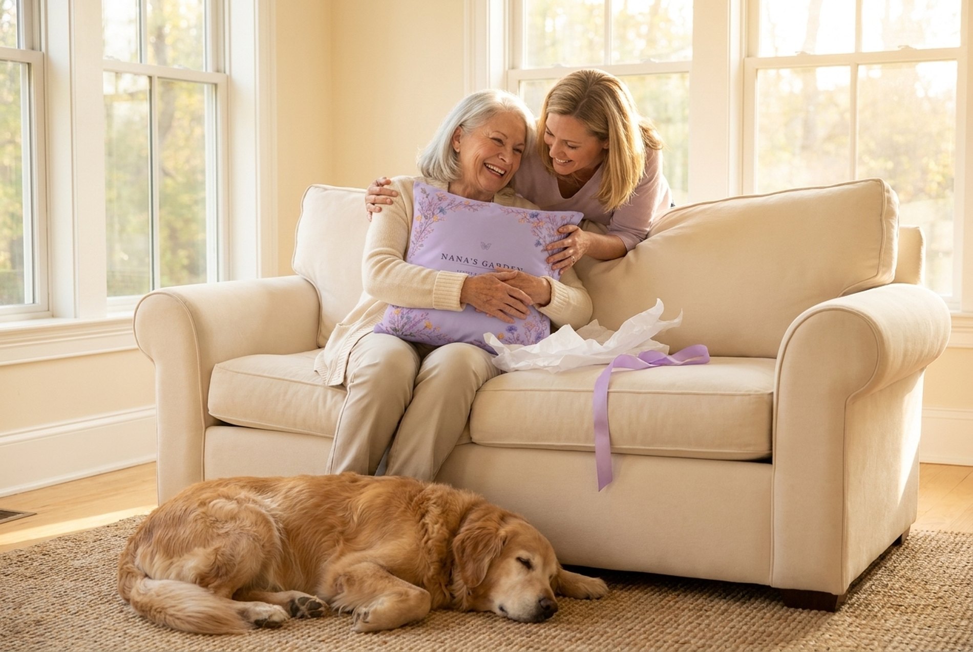 A grandmother hugs her new Nana's Garden coordinate pillow while her daughter embraces her, their golden retriever at their feet