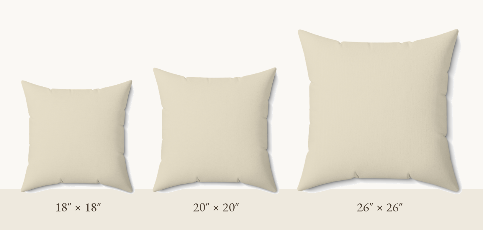 The three pillow sizes side by side: 18 inch, 20 inch, and 26 inch squares