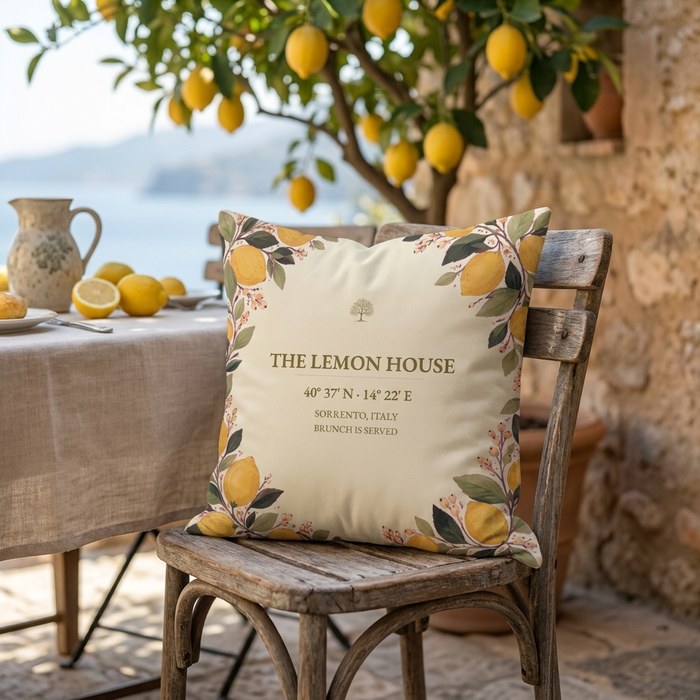 The Lemon House coordinate pillow on a sunlit Sorrento terrace with a lemon tree