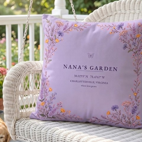 Nana's Garden pillow on a porch swing