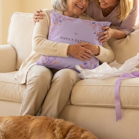 A grandmother hugging her Nana's Garden pillow