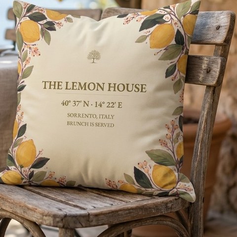 The Lemon House pillow on a Sorrento terrace