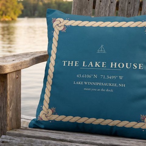 The Lake House pillow on a dock chair